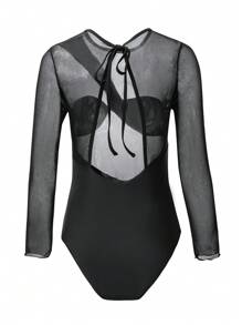 Swim SXY Traje De Baño De Una Pieza De Manga Larga Con Huecos Sólido De Color - Negro - Ver 5