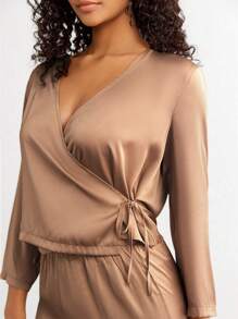 Ocili Elegant Coffee Brown V Neck Pant Set With Wrap Tie Front For Women Sleepwear