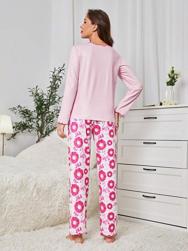 Women's Sweet Donut & Flamingo Printed Pajama Set Mommy And Me Matching Outfits (2 Sets Are Sold Separately)