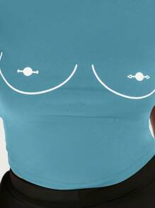 SHEIN SXY Plus Size Printed Short Sleeve Slim Fit T-shirt - Blue - View 3