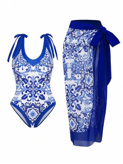 Swim Oasis Summer Beach Plus Size Printed One-Piece Swimsuit With Cover Up Skirt