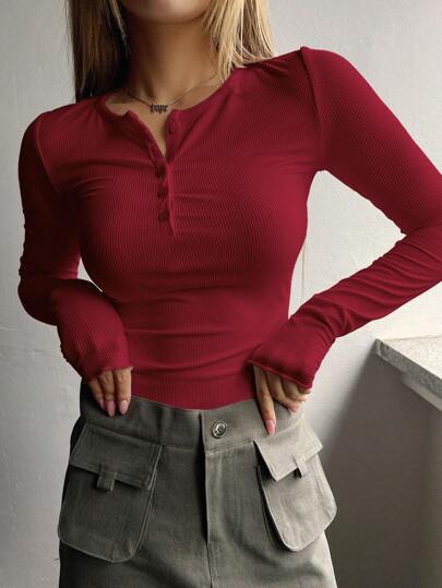 DAZY 纯色罗纹针织长袖 T 恤，秋季服装学院风上衣，长袖女式上衣