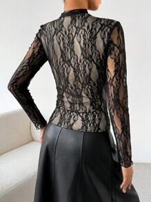 SHEIN Privé Ladies' Lace Long Sleeve T-shirt With Ruffle Hem - Black - View 6