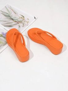 圓頭平台楔型跟和厚底拖鞋 - 亮橙色 - 查看 4
