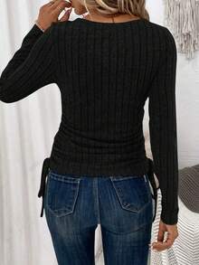 SHEIN LUNE 純色褶皺立領長袖t恤 - 黑色 - 查看 3