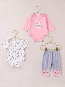 SHEIN Baby Girls' Home Outfits, Pink Full Of Flower Long Sleeve Bodysuit, 3pcs Set, Cute Rabbit Ears Design, High Content, Suitable For Spring And Autumn - Multicolor - View 5