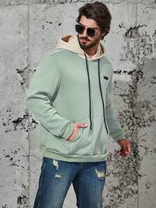 Manfinity Homme 男士字母刺繡袋狀連帽衣與色塊設計 - 薄荷綠 - 查看 5