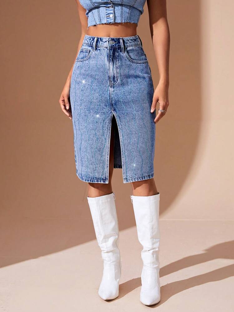 Women'S Denim Skirt With Split And Rhinestone Deco