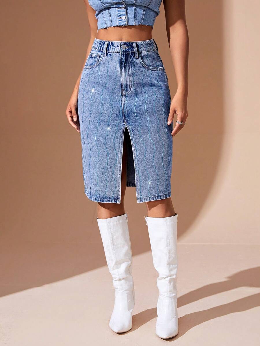 SHEIN BAE Women'S Denim Skirt With Split And Rhinestone Deco - Light Wash - View 1