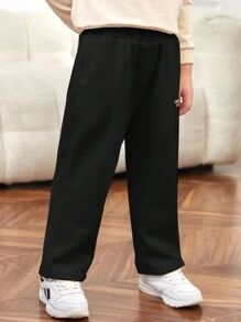 SHEIN Young Boy Casual Comfortable Solid Color Woven Label Knit Straight Leg Pants - Black - View 5