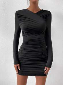 Allurite Solid Color Ruffle Detail Bodycon Dress - Black - View 1