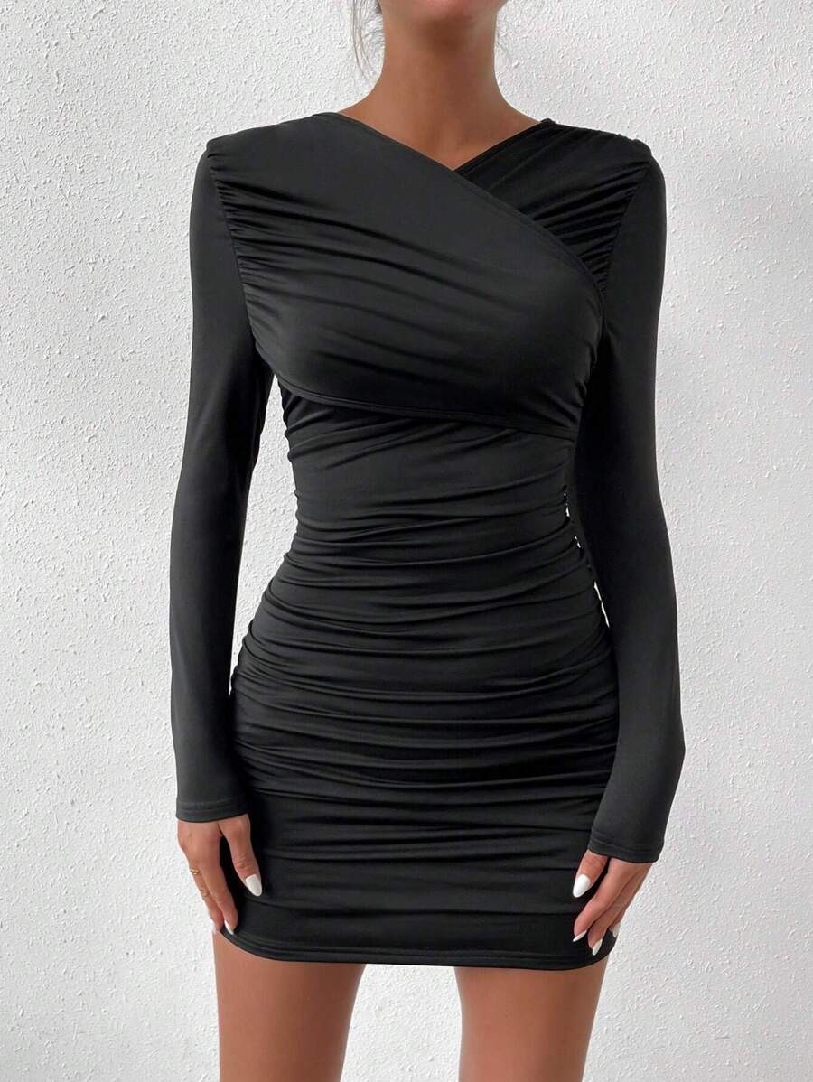 Allurite Solid Color Ruffle Detail Bodycon Dress - Black - View 1
