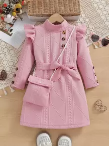 SHEIN 年輕女孩立領荷葉邊裝飾束腰連衣裙,附配套袋 - 粉色 - 查看 1