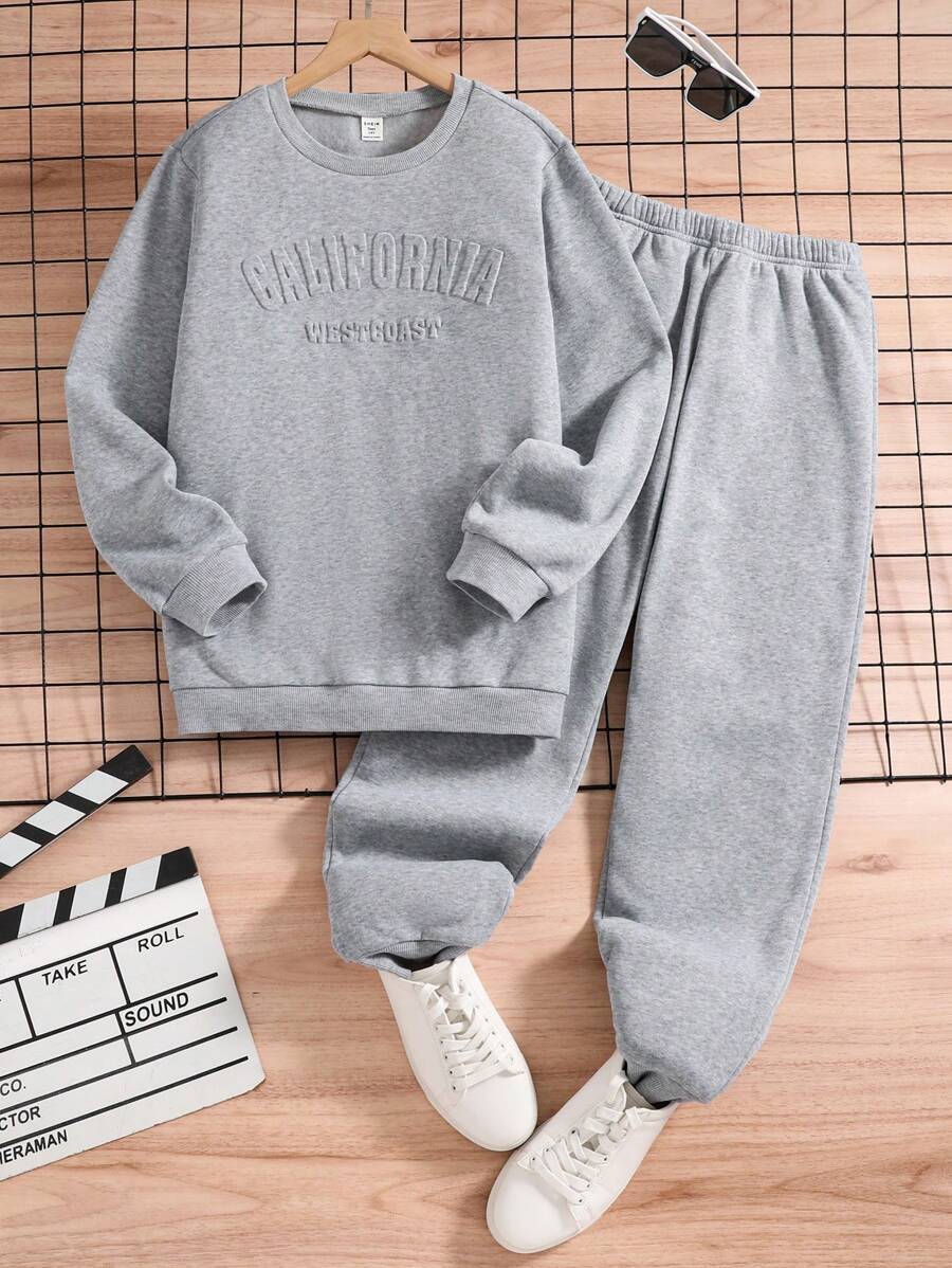 Teen Boy Embossed Letter Sweatshirt And Sweatpant Set - Grey - View 1