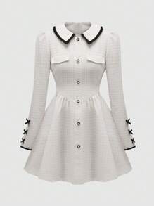 Sweetra 撞色飾邊蝴蝶結綴飾長袖連身裙 - 白色 - 查看 1