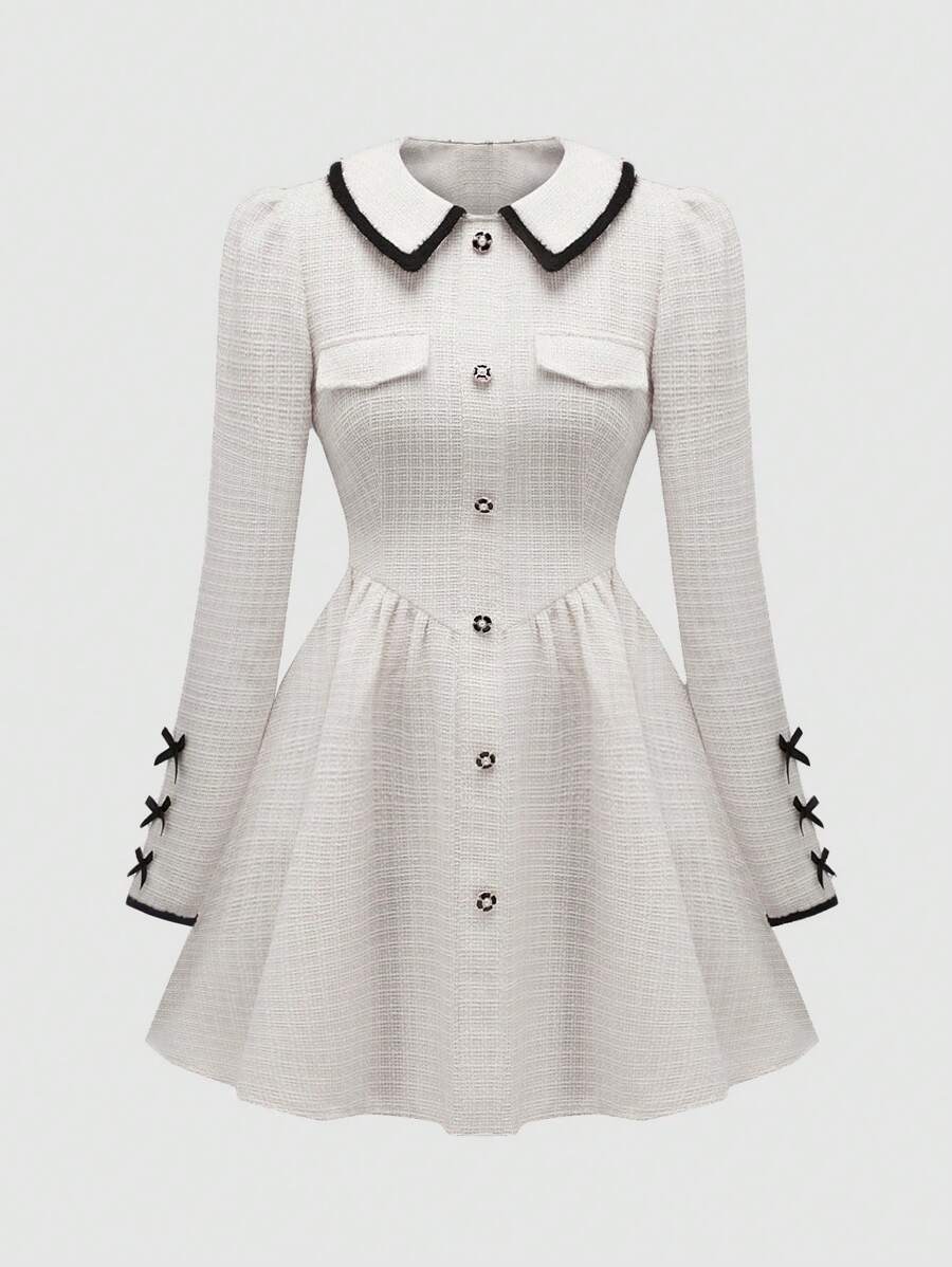 Sweetra 撞色飾邊蝴蝶結綴飾長袖連身裙 - 白色 - 查看 1