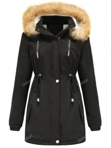 Women's Warm Parka Coat Thickened Winter Warm Furry Fluffy Hooded Jacket With Pocket Fashion Casual Ski Fit Windbreaker Outerwear