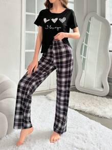 Heart & Letter Embossed T-Shirt And Plaid Long Pants Pajama Set - Black - View 5