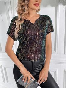SHEIN Clasi 女款亮片蝙蝠翼短袖襯衫 - 黑色和金色 - 查看 4