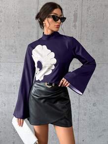 SHEIN Privé Women's Stand Collar Floral Print Bell Sleeve Shirt - Navy Blue - View 5
