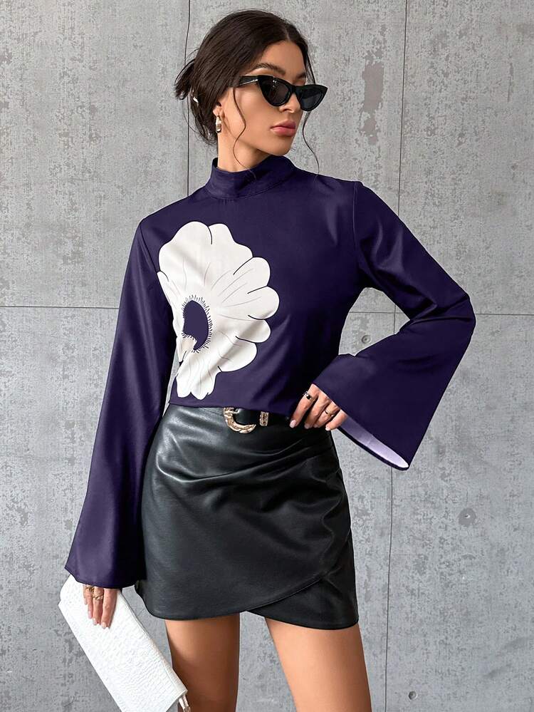 Women's Stand Collar Floral Print Bell Sleeve Shirt