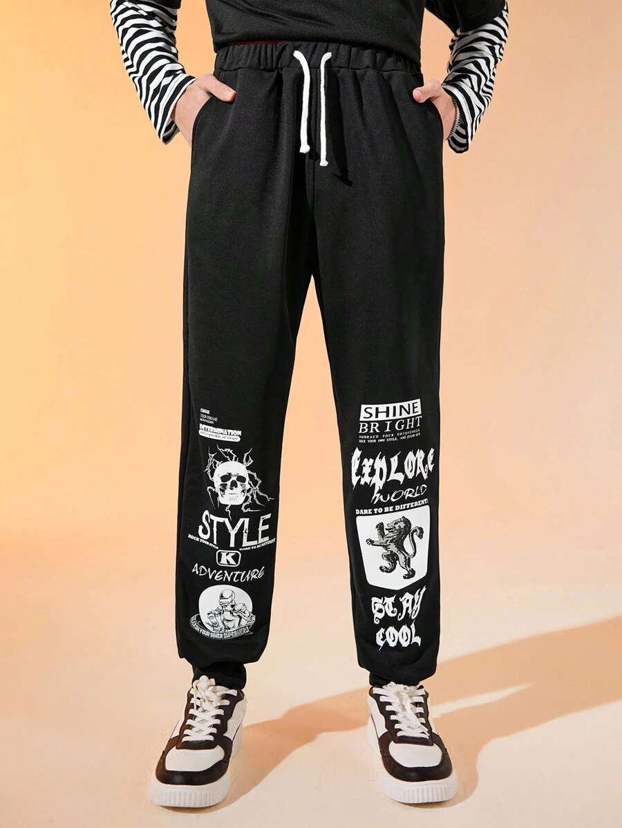 SHEIN Teen Boys' Casual Comfortable Printed Drawstring Waist Jogger Pants - Black - View 1