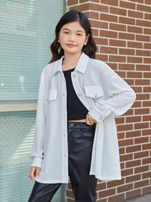 Girls' Casual Loose Knit Solid Color T-shirt With Faux Pocket - White - View 1