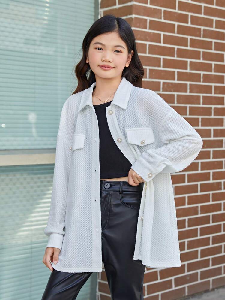 Girls' Casual Loose Knit Solid Color T-shirt With Faux Pocket