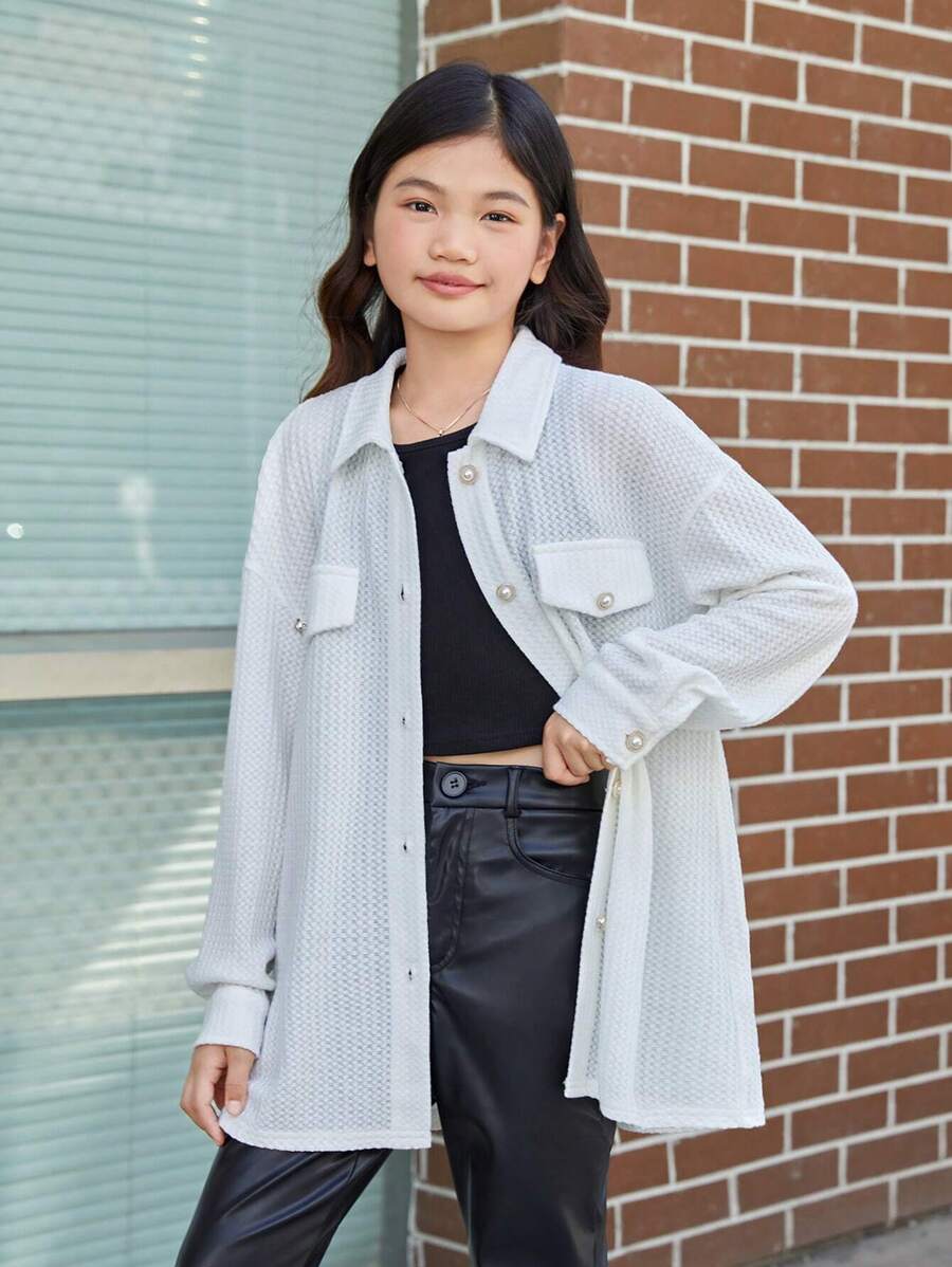 Girls' Casual Loose Knit Solid Color T-shirt With Faux Pocket - White - View 1