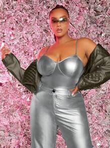 SHEIN SXY Plus Size Collar Turn-down Short Pu Jacket - Army Green - View 3