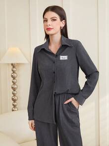 Mulvari Two Piece Set With Long Sleeve Shirt And Wide Leg Pants - Dark Grey - View 6