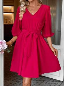 SHEIN LUNE Women's Solid Color Lantern Sleeve Dress With Waist Belt - Red - View 6