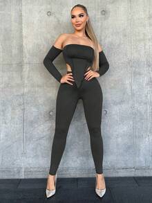 SHEIN SXY Asymmetric Hemline, Off-shoulder Top & Leggings Two Piece Set With Stitched Edge Detail - Black - View 3