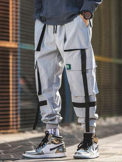 بنطلون كارجو للرجال مع جيب بغطاء شريطي، للخريف