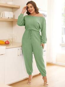 SHEIN Essnce Plus Size Women's Long Sleeve Striped Jumpsuit - Mint Green - View 6