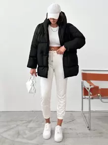 EURMUSE Solid Zip Up Hooded Puffer Coat - Black - View 4