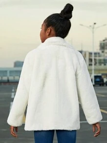 SHEIN Tween Girl Lapel Neck Slant Pockets Drop Shoulder Fuzzy Coat - Beige - View 2