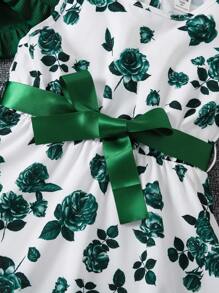 SHEIN Young Girl Floral Belted Dress With Ruffle Hem And Cardigan 2pcs Set,Holiday,Summer,Travel