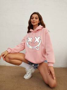 SHEIN EZwear 女款帶笑臉印花的帽衫 - 粉色 - 查看 7