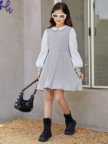 SHEIN Váy liền thân cổ Peter Pan đan lưới nhiều màu cho bé gái tuổi teen với thiết kế dệt để mặc thường ngày - Nhiều màu - Xem 3