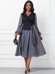 SHEIN Lady 女士對比色燈籠袖包裹束帶連衣裙 - 彩色 - 查看 4