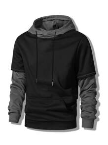 Manfinity Homme Nam Khối màu Dây rút 2 trong1 Áo nỉ có mũ - màu đen - Xem 1