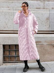 EURMUSE Dual Pocket Drop Shoulder Hooded Quilted Coat - Pink - View 4