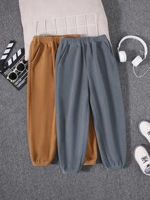 Tween Boys' Casual Loose Embroidery Thick Knitted Fleece Pants With Elastic Cuffs, 2 Colors, 2pcs/Set - Multicolor - View 2