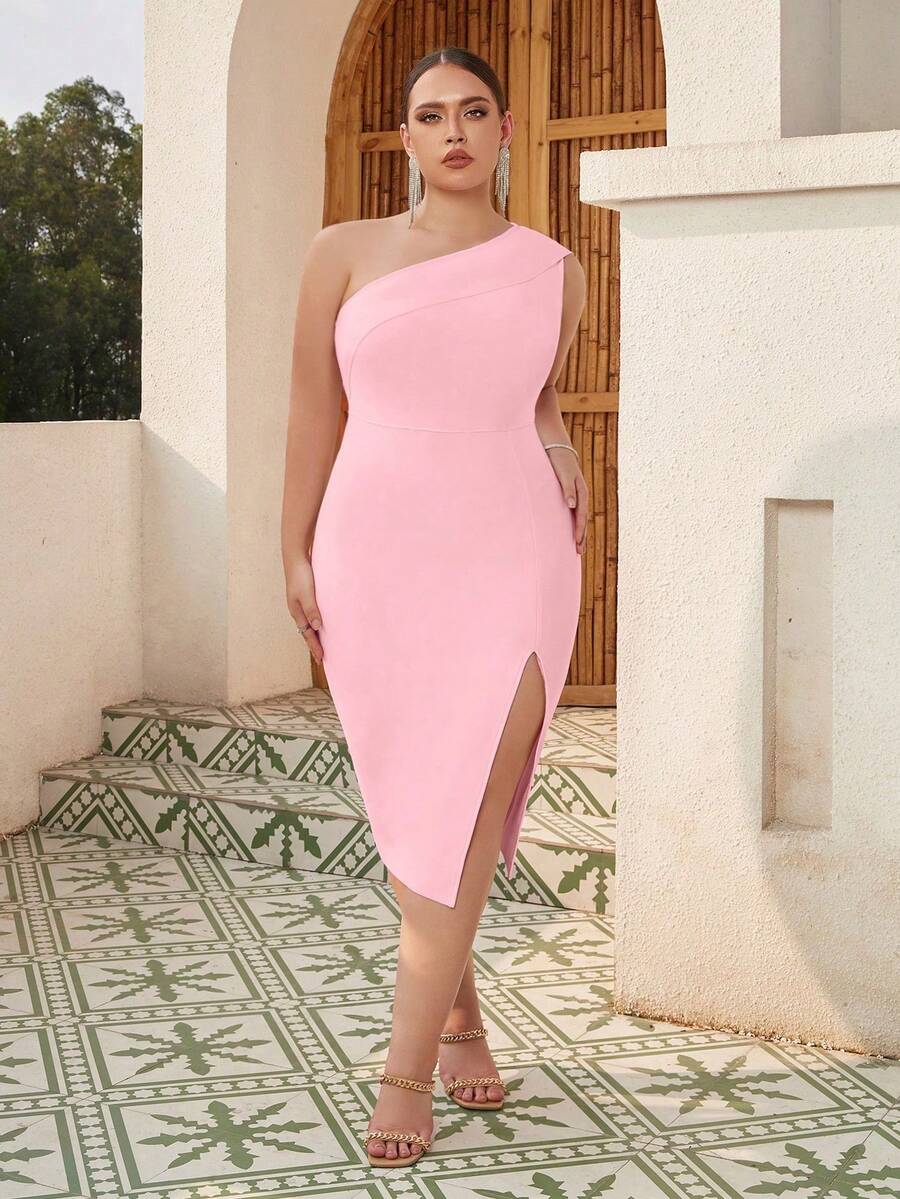 單肩&開背&高腰&高衩&純色&拉鍊設計&修身款&綁帶派對裙 - 粉色 - 查看 1