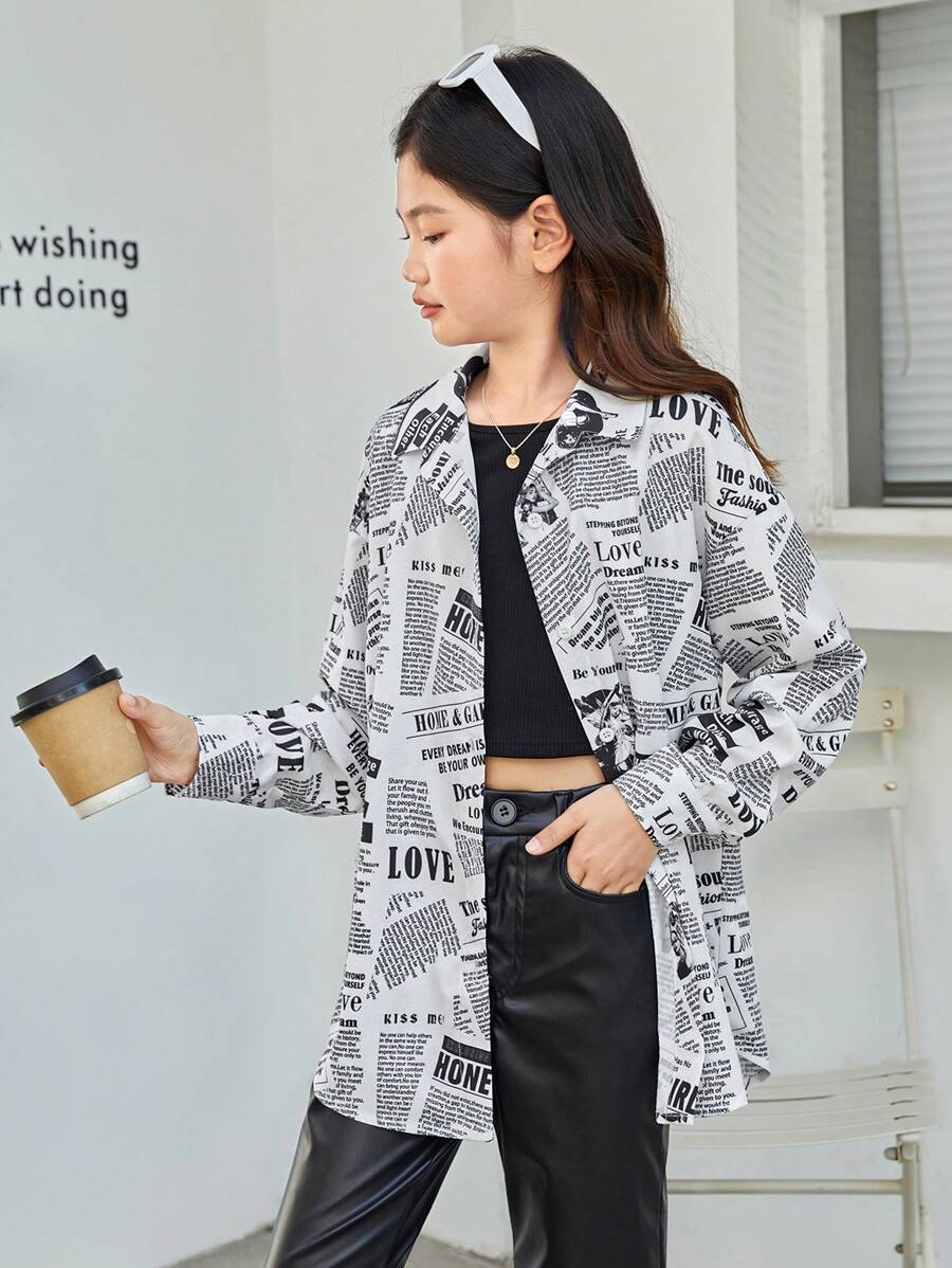 SHEIN Tween Girls' Loose Fit Newspaper Print Casual Shirt - Black and White - View 1