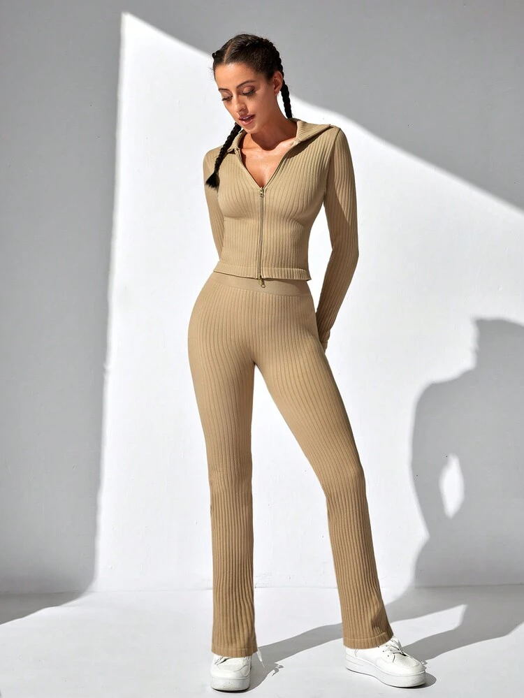 Women's Zipper Front Hooded & Pocket Ribbed Sports Suit
