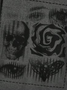 ROMWE Grunge Punk Camiseta Casual De Manga Corta Con Cuello Redondo Con Diseño De Cráneo Y Ojos Impresos - Gris Oscuro - Ver 2