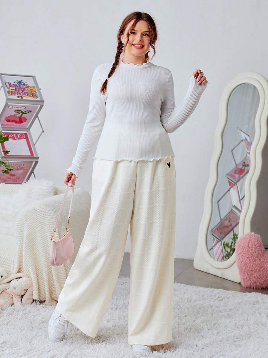 SHEIN EZwear 女性心形印花休閒長褲,附有口袋 - 米色 - 查看 1