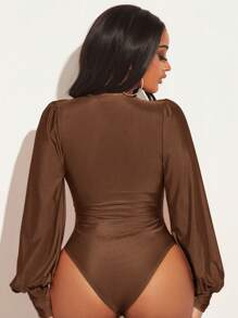 SHEIN SXY Deep V Neckline Ruched Tight Bodysuit - Chocolate Brown - View 2